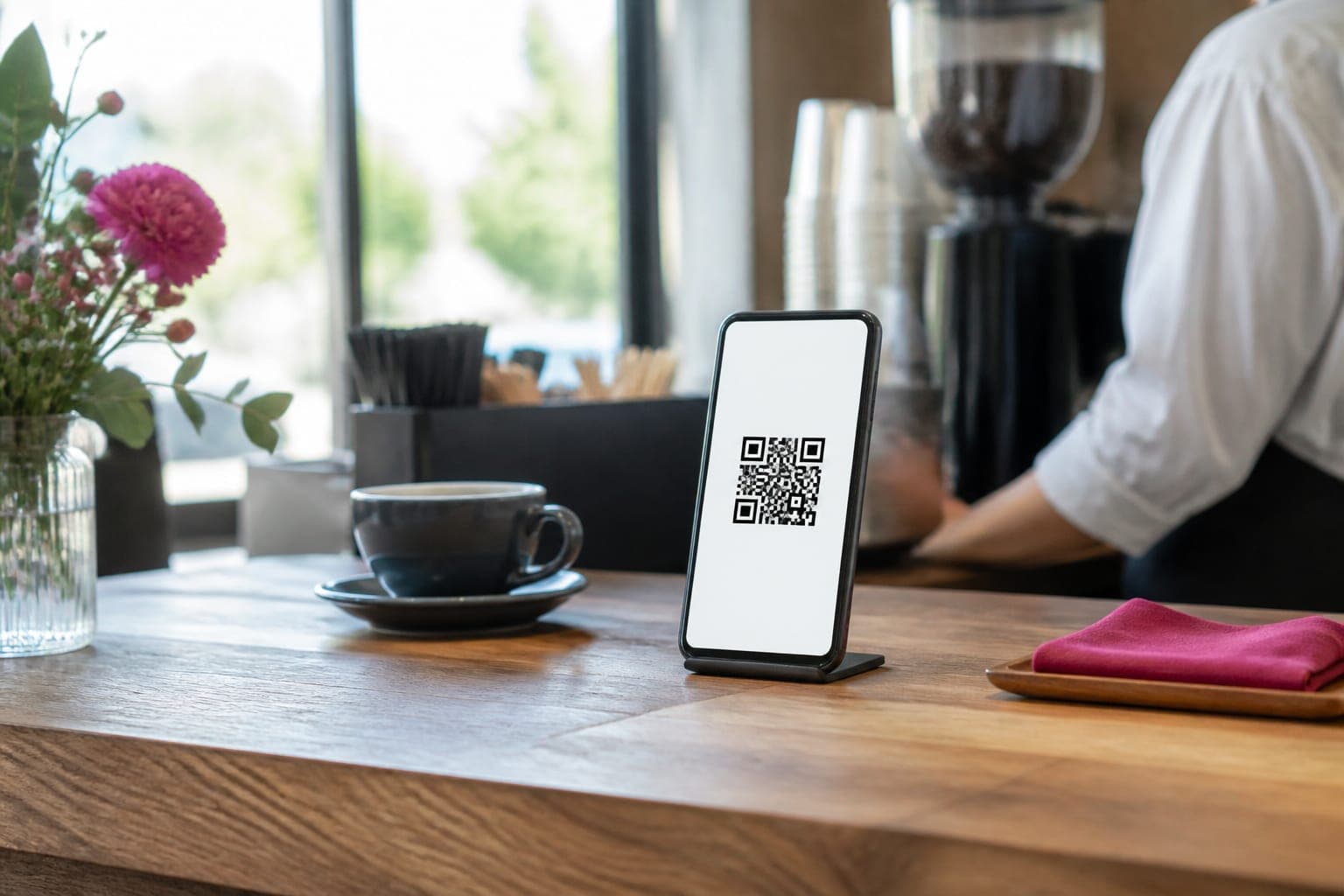 カフェのカウンターに置かれたスマホ。画面にQRが見える